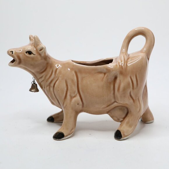 Vintage Kenmar Brown Cow w/ Brass Bell  Farmhouse Kitsch MCM Japan Ceramic Jug - Picture 9 of 10